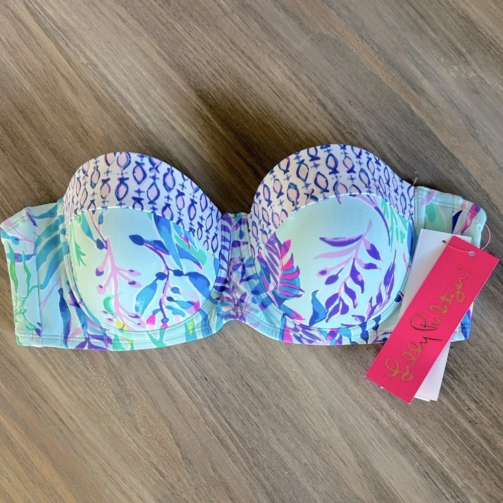 NWT Lilly Pulitzer Bikini Swim Leven Bandeau Top Blue Oasis Swim Shady Size 8 - Picture 2 of 11